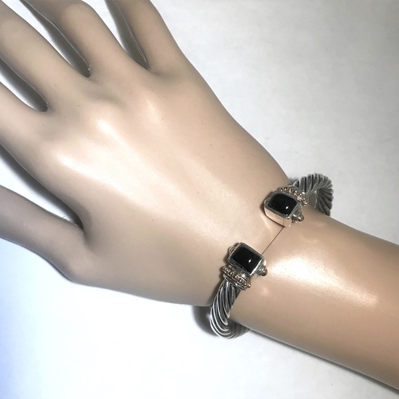 Sterling Silver & 14k Gold Black Onyx Bangle Bracelet - Picture 1 of 3